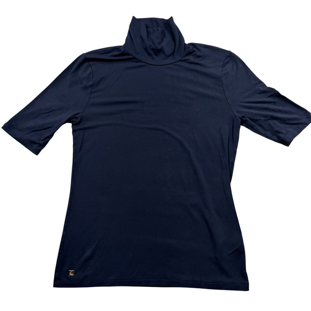 Lauren Ralph Lauren Turtleneck Top Women L Navy Blue Elbow Sleeve Viscose